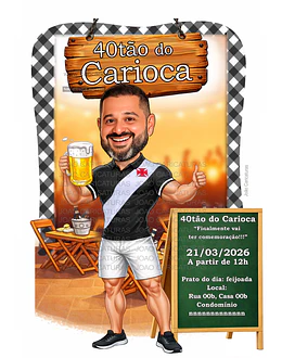 Caricatura realista personalizada para convite aniversário homem caneca choop em ambiente de boteco