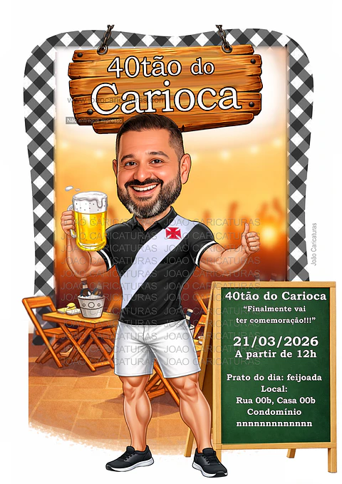 Caricatura realista personalizada para convite aniversário homem caneca choop em ambiente de boteco