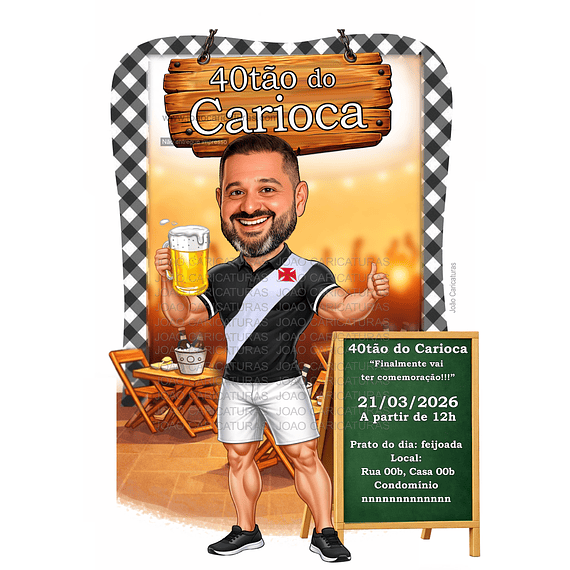 Caricatura realista para convite homem caneca choop  em ambiente de boteco