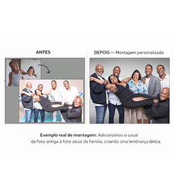 Restauramos memórias especiais. Nesta montagem adicionamos um casal de uma foto antiga à foto atual da família, criando uma lembrança única.