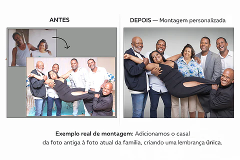 Restauramos memórias especiais. Nesta montagem adicionamos um casal de uma foto antiga à foto atual da família, criando uma lembrança única.