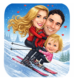 Caricatura digital família unida férias esquiando no gelo rostos delicados  normais família ski alpes, aspens, Whistler, felizes juntos pai mãe filha 1 ski  montanha, loira bonita menina marido