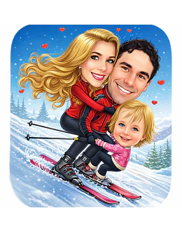 Caricatura Digital de Família na Neve – Férias Esquiando Personalizada