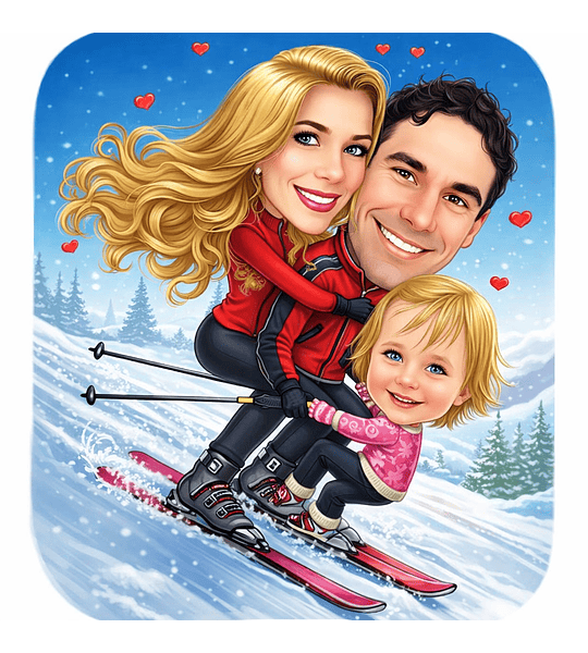 Caricatura digital família unida férias esquiando no gelo rostos delicados  normais família ski alpes, aspens, Whistler, felizes juntos pai mãe filha 1 ski  montanha, loira bonita menina marido