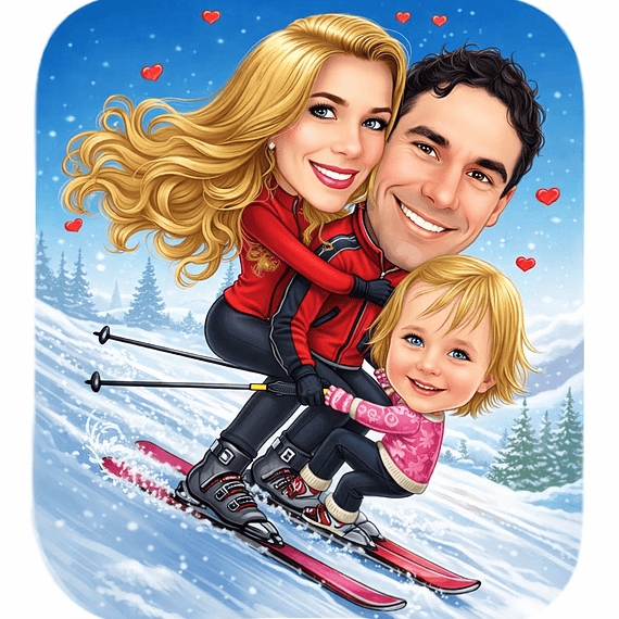 Caricatura digital família unida férias esquiando no gelo rostos delicados  normais família ski alpes, aspens, Whistler, felizes juntos pai mãe filha 1 ski  montanha, loira bonita menina marido