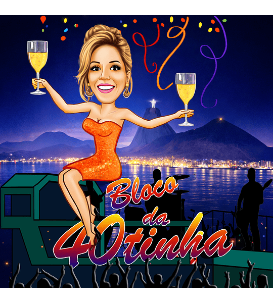 Caricatura aniversário Mulher numa micareta em cima trio elétrico cantando carnaval folia rua show micareta Rio de Janeiro brinde multidão carnavalesco bloco camiseta 20 30 40 50 60 anos
