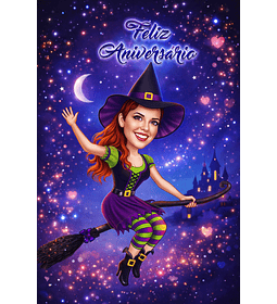 Caricatura personalizada mulher para convite festa aniversário  30 40 50 feiticeira linda bruxinha  parecida idêntica illustration anos baile mascaras halloween bruxa voando vassoura champanhe