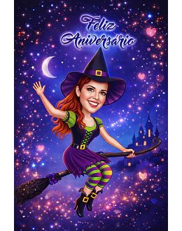 Caricatura personalizada mulher para convite festa aniversário  30 40 50 feiticeira linda bruxinha  parecida idêntica illustration anos baile mascaras halloween bruxa voando vassoura champanhe