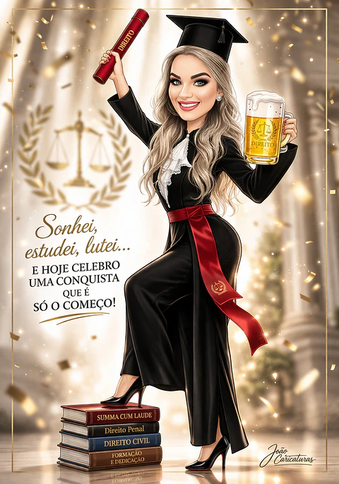 Caricaturas digitais mulher certificado direito desenho rosto delicados e super idênticos, Formandos universitários diplomados, formados, formatura, direito civil, RH, recursos humanos, direito