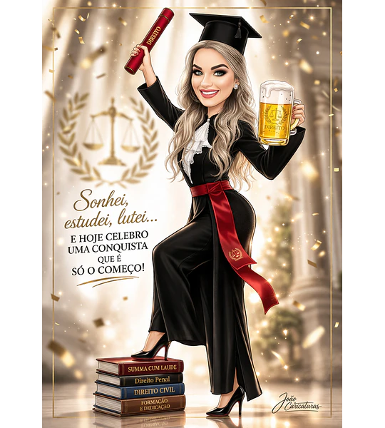 Caricaturas digitais mulher certificado direito desenho rosto delicados e super idênticos, Formandos universitários diplomados, formados, formatura, direito civil, RH, recursos humanos, direito