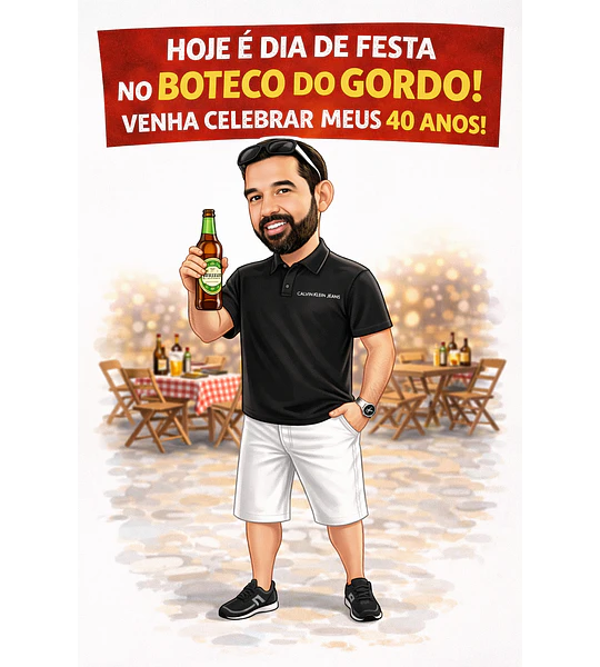 Caricatura  de aniversariante para convite aniversário boteco, feijoada, cozinha, festa, comemoração, arte decorativa p impressão de banner, convite, feijoadaetc