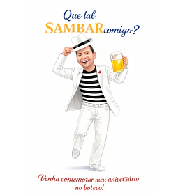 Caricatura Personalizável para convite de Homem  vestido de branco tirando o Chapéu e Sambando. Em promoção, Encomende já!