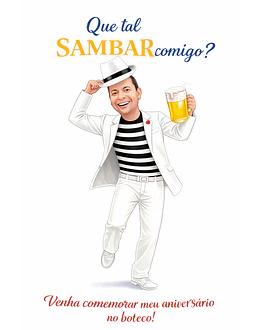 Caricatura Personalizável para convite de Homem  vestido de branco tirando o Chapéu e Sambando. Em promoção, Encomende já!