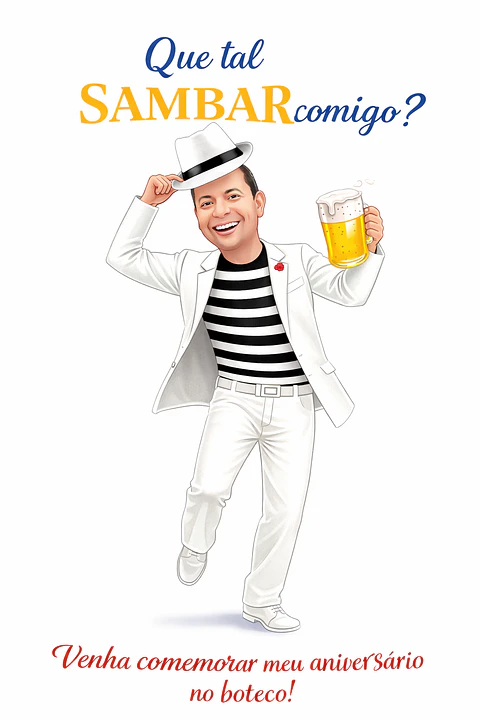 Caricatura Personalizável para convite de Homem  vestido de branco tirando o Chapéu e Sambando. Em promoção, Encomende já!