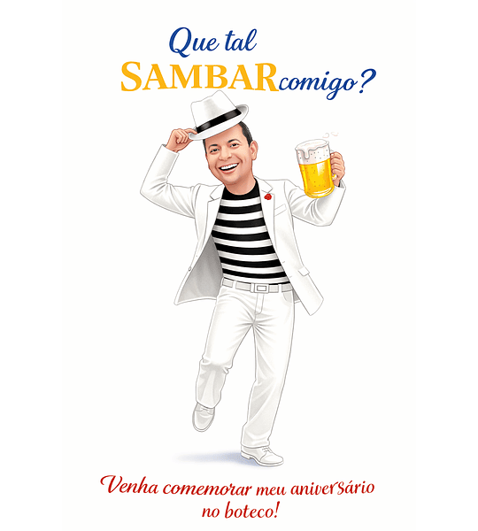 Caricatura Personalizável para convite de Homem  vestido de branco tirando o Chapéu e Sambando. Em promoção, Encomende já!