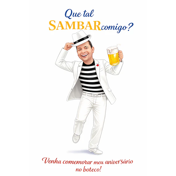Caricatura Personalizável para convite de Homem  vestido de branco tirando o Chapéu e Sambando. Em promoção, Encomende já!