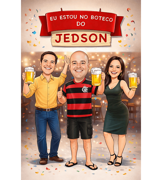 Caricatura banner "EU FUI" boteco, fundo bar, aniversariante chinelo, flamenguista, flamengo, time, convidados sem cabeça, tirar fotos, painel, 30, 40,50 anos alta qualidade refinado, xique, quarentou