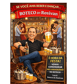 Caricatura Tema Boteco Convites Digitail de Aniversariante com fundo Boteco Cerveja Chopp Garrafa cerveja Taça Caneca casais dançando balcão garçonete