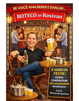 Caricatura Tema Boteco Convites Digitail de Aniversariante com fundo Boteco Cerveja Chopp Garrafa cerveja Taça Caneca casais dançando balcão garçonete