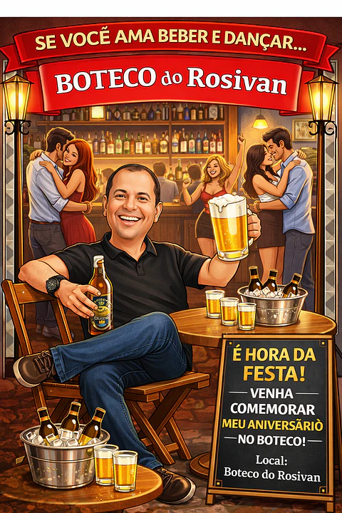 Caricatura Tema Boteco Convites Digitail de Aniversariante com fundo Boteco Cerveja Chopp Garrafa cerveja Taça Caneca casais dançando balcão garçonete