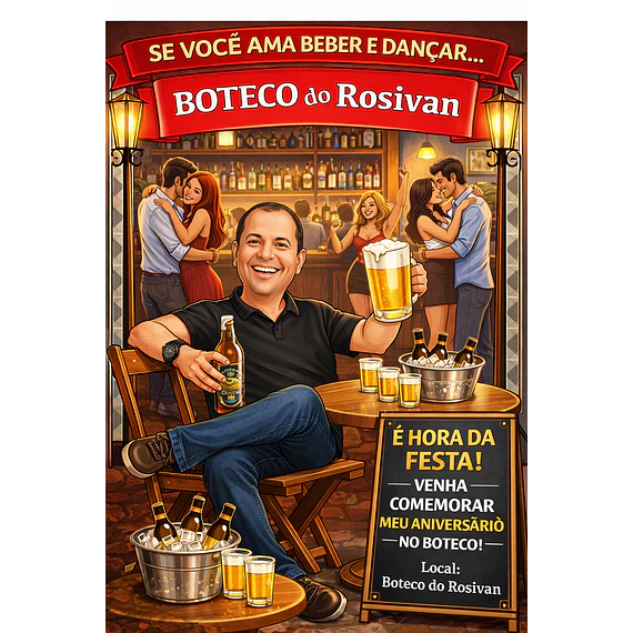 Caricatura Tema Boteco Convites Digitail de Aniversariante com fundo Boteco Cerveja Chopp Garrafa cerveja Taça Caneca casais dançando balcão garçonete