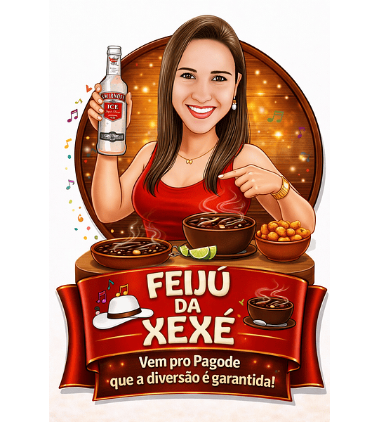 Caricatura Personalizada com seu Rosto Tema Boteco Formato Digital Mulher Convite e Lembrançinhas Aniversário Tema Feijoada Cavaquinho Petiscos