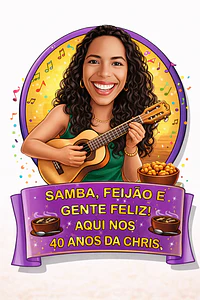 Caricatura Personalizada com seu Rosto Tema Boteco Formato Digital Mulher Convite e Lembrançinhas Aniversário Tema Feijoada Cavaquinho Petiscos