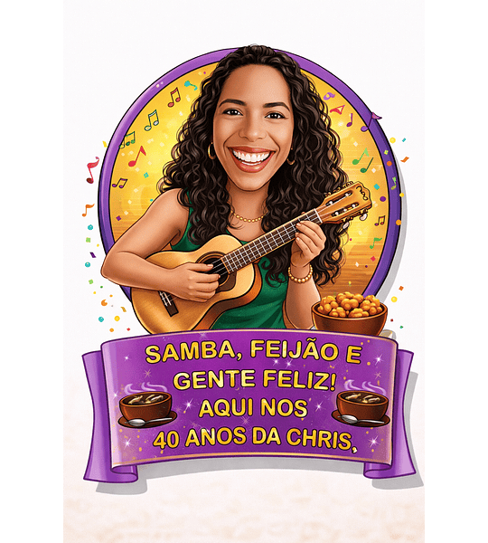 Caricatura Personalizada com seu Rosto Tema Boteco Formato Digital Mulher Convite e Lembrançinhas Aniversário Tema Feijoada Cavaquinho Petiscos