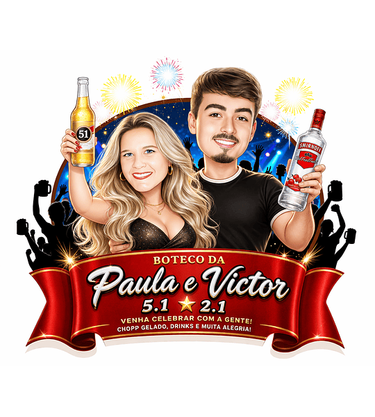 Caricatura bar boteco Digital -Tema boteco duplo, casal,marido,mulher aniversário, vódica, pinga,51, amigos, companheiros,comemoração, rótulo, cartaz