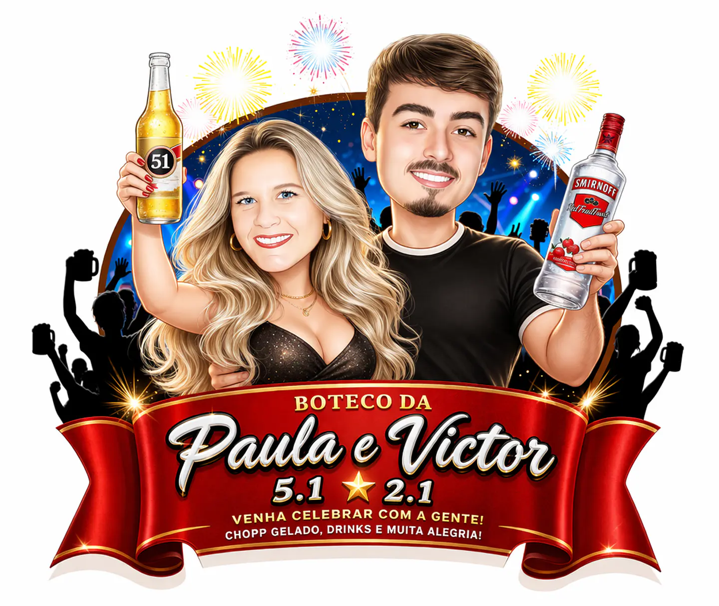 Caricatura de Casal Tema Boteco Personalizada | Convite e Banner 1