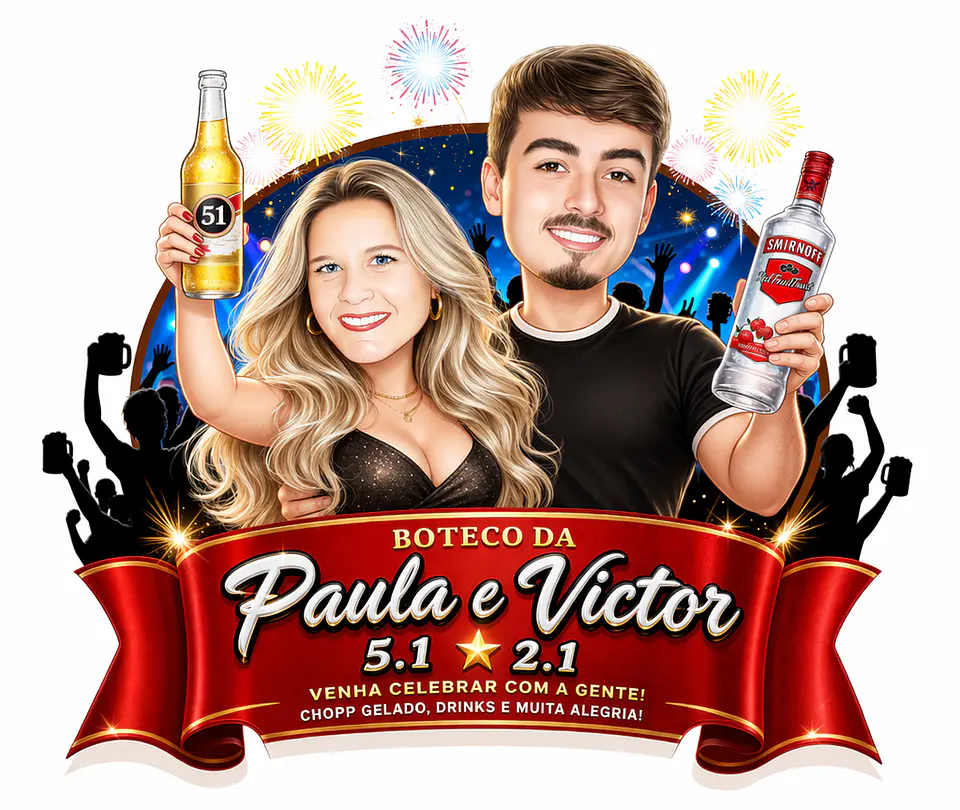 Caricatura de Casal Tema Boteco Personalizada | Convite e Banner 1
