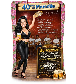 Caricatura convite mulher 30, 40, 50, 60 anos, pagode, loira, buteco, boteco, bar, convite, aniversário, personalizado, cerveja, pandeiro, dançando, sambando, convidando, vestido, pagodeiros, samba