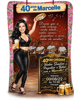 Caricatura convite mulher 30, 40, 50, 60 anos, pagode, loira, buteco, boteco, bar, convite, aniversário, personalizado, cerveja, pandeiro, dançando, sambando, convidando, vestido, pagodeiros, samba