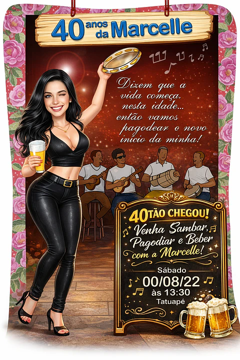 Caricatura convite mulher 30, 40, 50, 60 anos, pagode, loira, buteco, boteco, bar, convite, aniversário, personalizado, cerveja, pandeiro, dançando, sambando, convidando, vestido, pagodeiros, samba