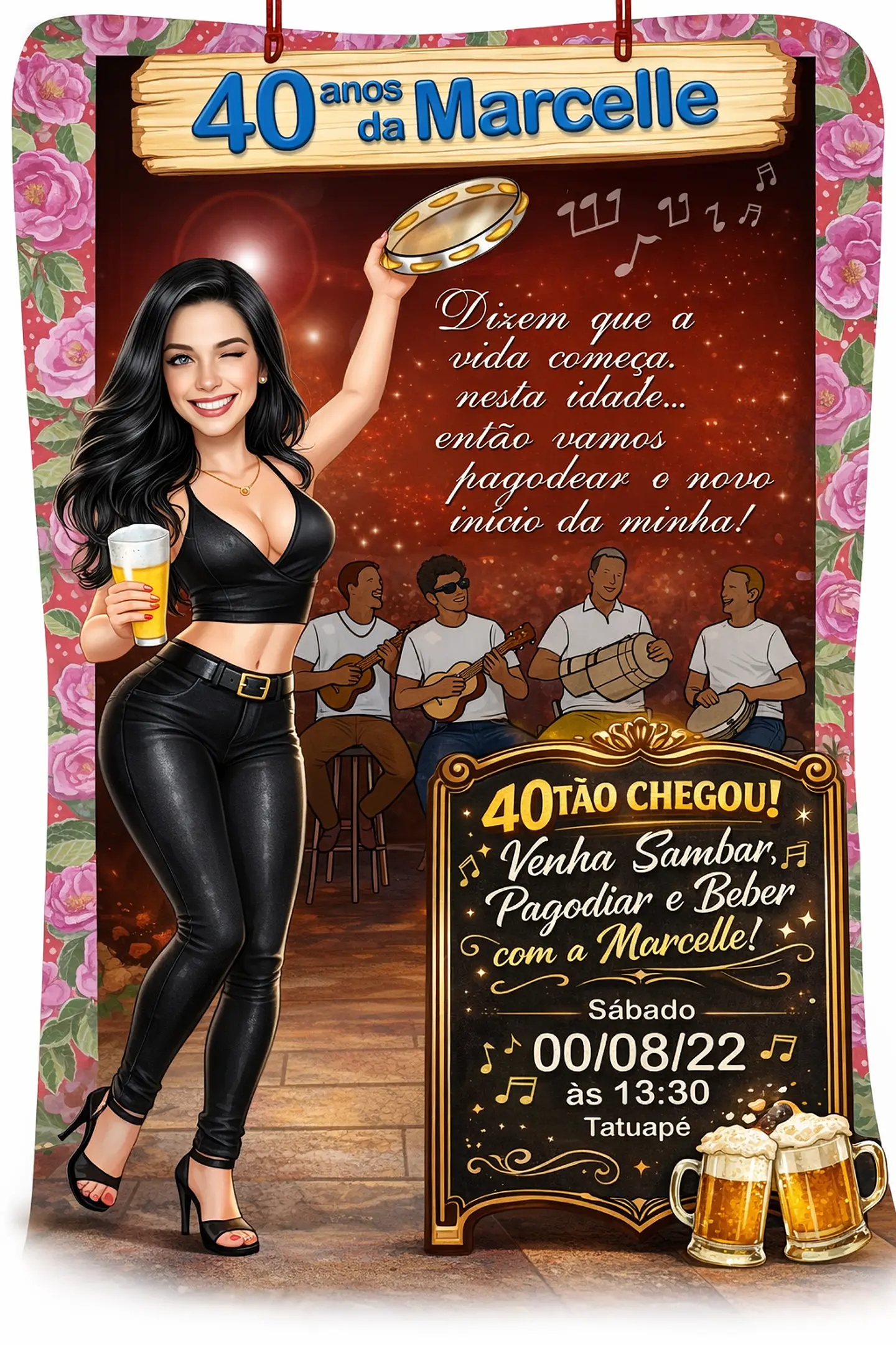 Caricatura convite mulher 30, 40, 50, 60 anos, pagode, loira, buteco, boteco, bar, convite, aniversário, personalizado, cerveja, pandeiro, dançando, sambando, convidando, vestido, pagodeiros, samba 1