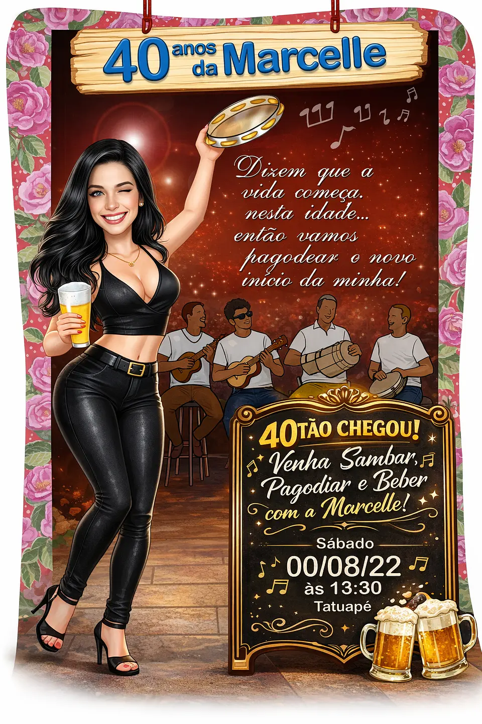 Caricatura convite mulher 30, 40, 50, 60 anos, pagode, loira, buteco, boteco, bar, convite, aniversário, personalizado, cerveja, pandeiro, dançando, sambando, convidando, vestido, pagodeiros, samba 1