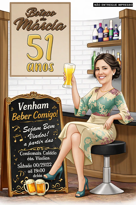 Caricatura  convite aniversário boteco, mulher, homem, mãe, esposa, barzinho, festa, comemoração, arte decorativa, requintada, ambiente fino, convite, brindando, convidando ,40, 45, 50, 55, 60 anos