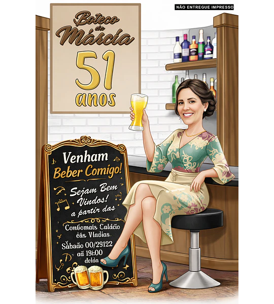 Caricatura  convite aniversário boteco, mulher, homem, mãe, esposa, barzinho, festa, comemoração, arte decorativa, requintada, ambiente fino, convite, brindando, convidando ,40, 45, 50, 55, 60 anos
