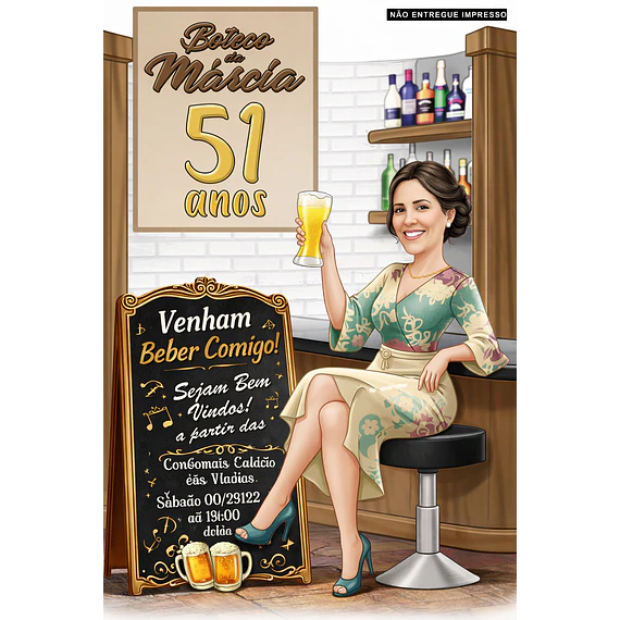 Caricatura  convite aniversário boteco, mulher, homem, mãe, esposa, barzinho, festa, comemoração, arte decorativa, requintada, ambiente fino, convite, brindando, convidando ,40, 45, 50, 55, 60 anos