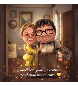 Caricatura Personalizada de Casal Estilo Pixar com Cenário Romântico e Efeito Mágico .Cena do Filme Up Aventuras adaptado com seu rosto, cena personalizada 