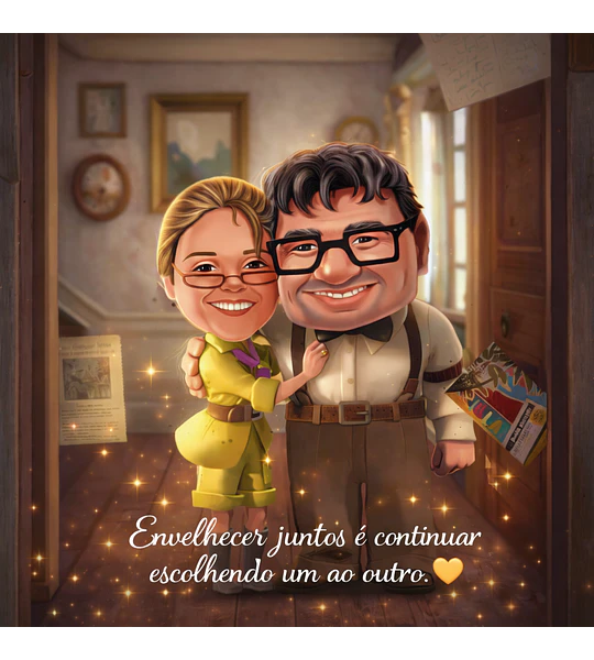 Caricatura Personalizada de Casal Estilo Pixar com Cenário Romântico e Efeito Mágico .Cena do Filme Up Aventuras adaptado com seu rosto, cena personalizada 