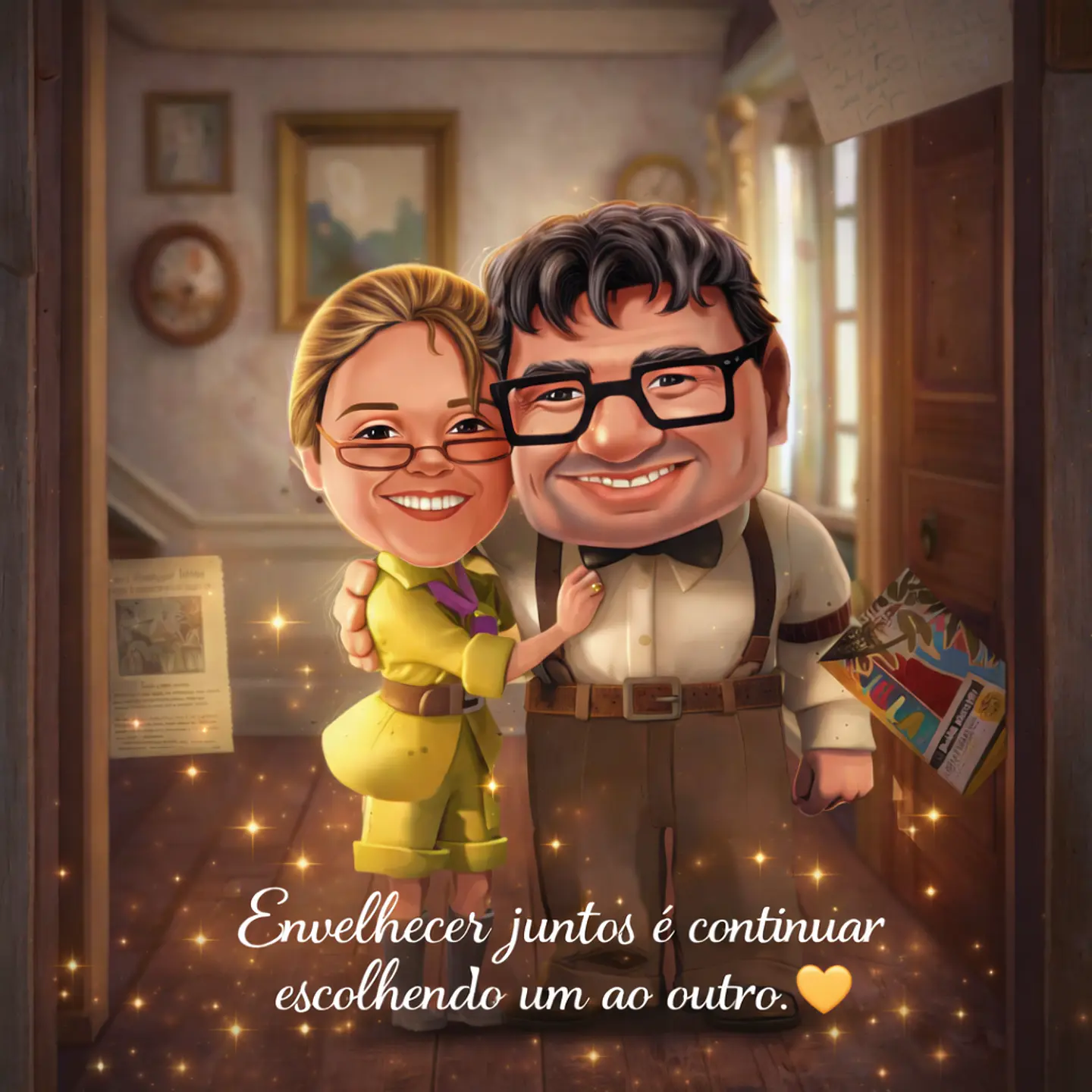 Caricatura Personalizada de Casal Estilo Pixar com Cenário Romântico e Efeito Mágico .Cena do Filme Up Aventuras adaptado com seu rosto, cena personalizada  1
