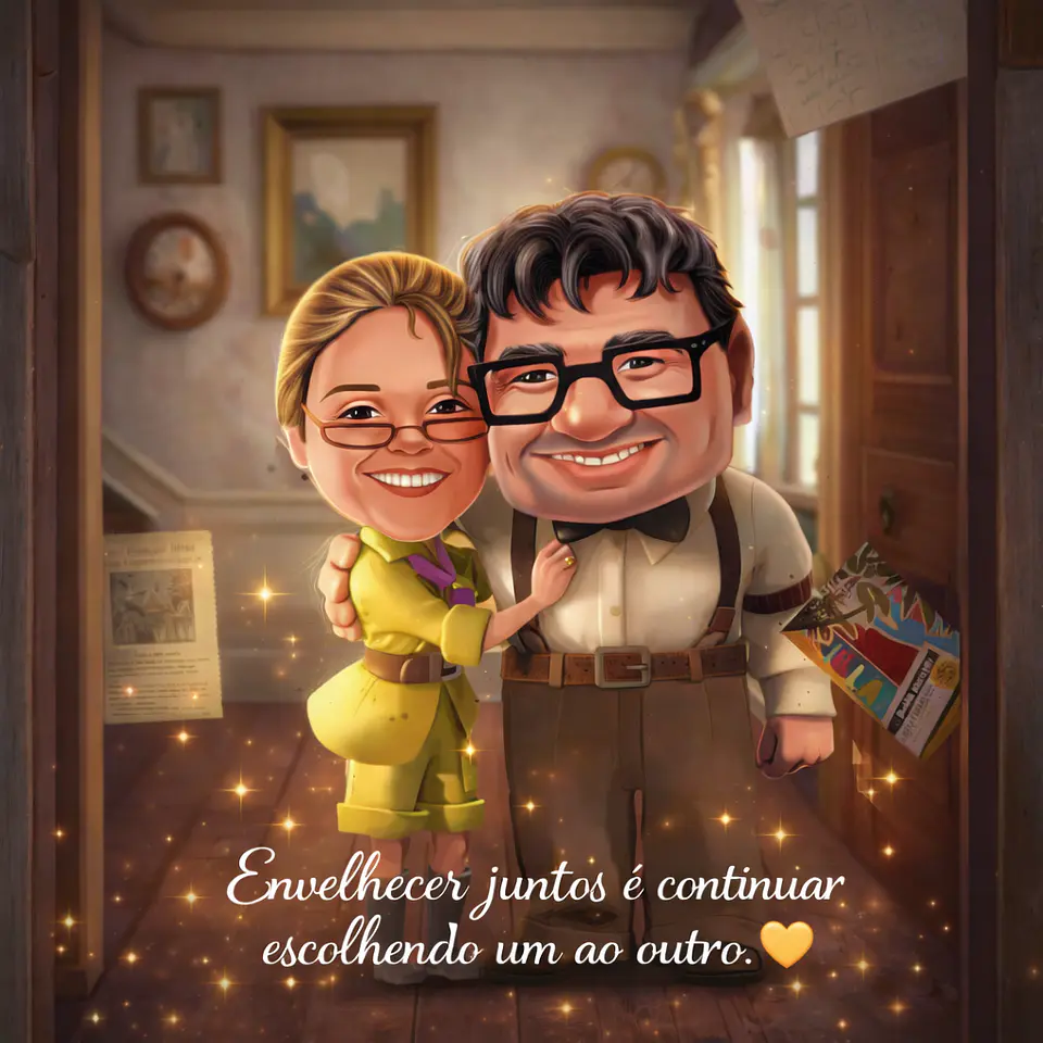 Caricatura Personalizada de Casal Estilo Pixar com Cenário Romântico e Efeito Mágico .Cena do Filme Up Aventuras adaptado com seu rosto, cena personalizada  1