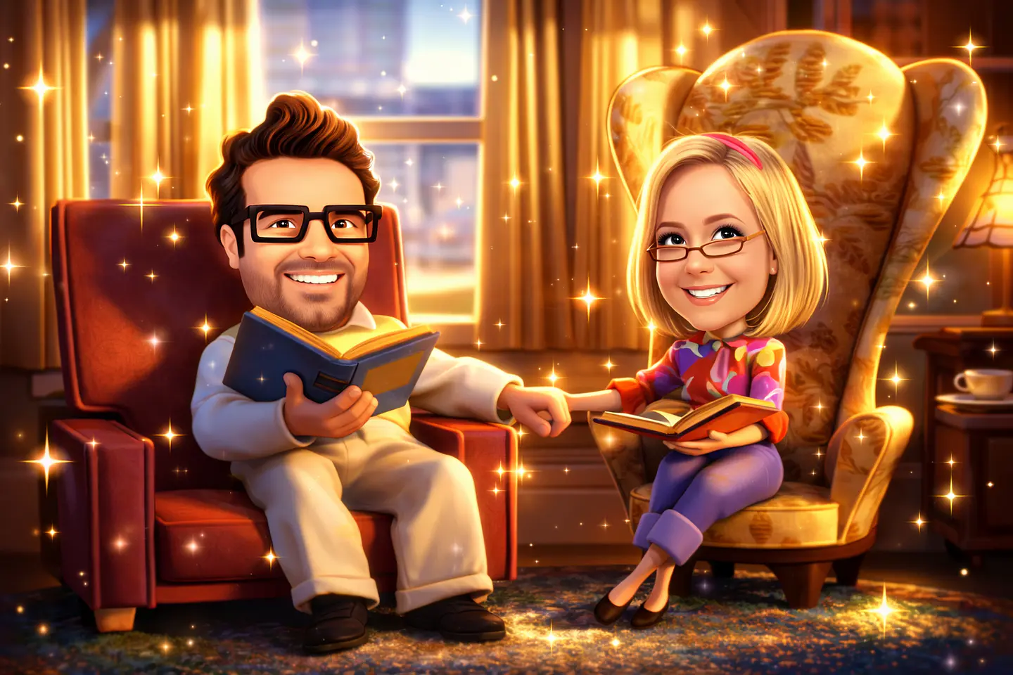 Caricatura Personalizada de Casal Estilo Pixar com Cenário Romântico e Efeito Mágico .Cena do Filme Up Aventuras adaptado com seu rosto, cena personalizada  2