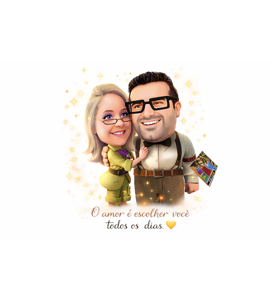 Caricatura Personalizada de Casal Estilo Pixar com Cenário Romântico e Efeito Mágico .Cena do Filme Up Aventuras adaptado com seu rosto, cena personalizada 