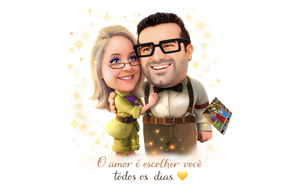 Caricatura Personalizada de Casal Estilo Pixar com Cenário Romântico e Efeito Mágico .Cena do Filme Up Aventuras adaptado com seu rosto, cena personalizada  5