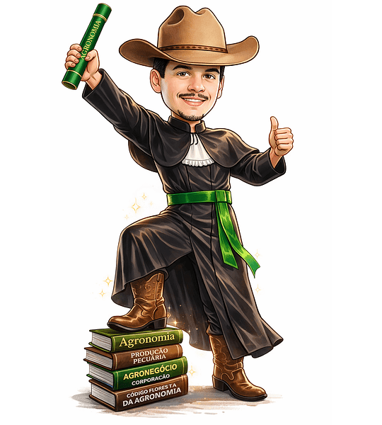 Perfeitas caricaturas Digitais de Homem Desenho Realista Beca Bota Chápeu Fomandos universitários diplomados Formados Formatura Agrônomo fina  Especial alta