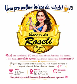Caricatura Digital Feminina Tema Boteco | Convite Personalizado para Aniversário com Arte Exclusiva
