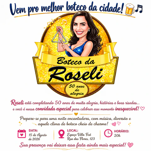 Caricatura Digital Feminina Tema Boteco | Convite Personalizado para Aniversário com Arte Exclusiva