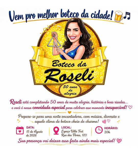  Convite com Caricatura Personalizada em Alta Resolução Festa Aniversário Boteco Bar Mulher Brindando Copo Cerveja p Banner Convite Lembranças